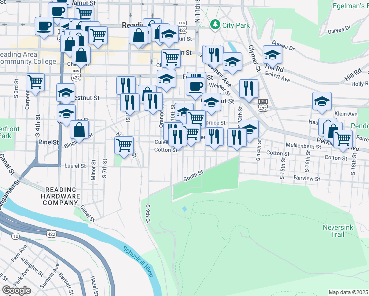 map of restaurants, bars, coffee shops, grocery stores, and more near in Reading