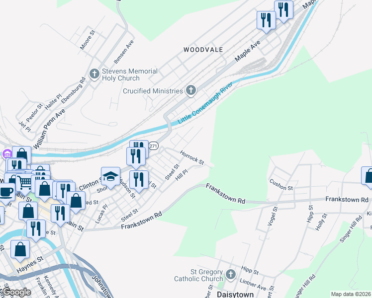 map of restaurants, bars, coffee shops, grocery stores, and more near 1110-1198 Ridge Avenue in Johnstown