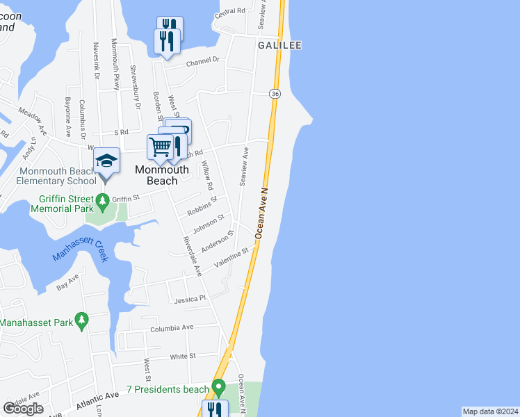 map of restaurants, bars, coffee shops, grocery stores, and more near 40 New Jersey 36 in Monmouth Beach