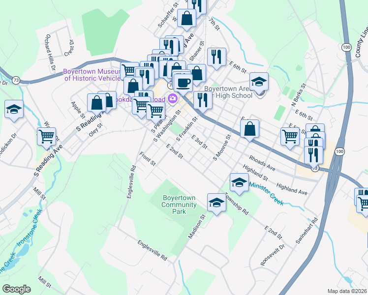 map of restaurants, bars, coffee shops, grocery stores, and more near 132 South Franklin Street in Boyertown