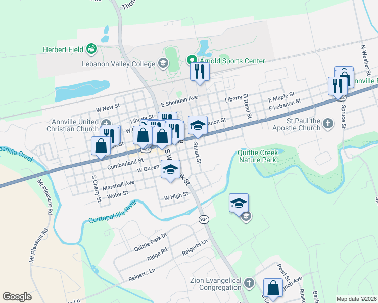 map of restaurants, bars, coffee shops, grocery stores, and more near 24 South Manheim Street in Annville