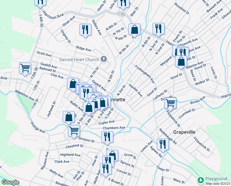 map of restaurants, bars, coffee shops, grocery stores, and more near 104 North Carolina Way in Jeannette