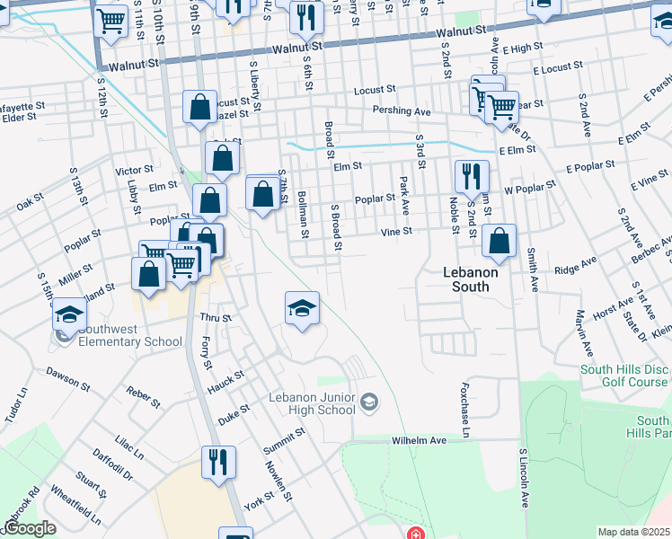 map of restaurants, bars, coffee shops, grocery stores, and more near 528 Orange Street in Lebanon