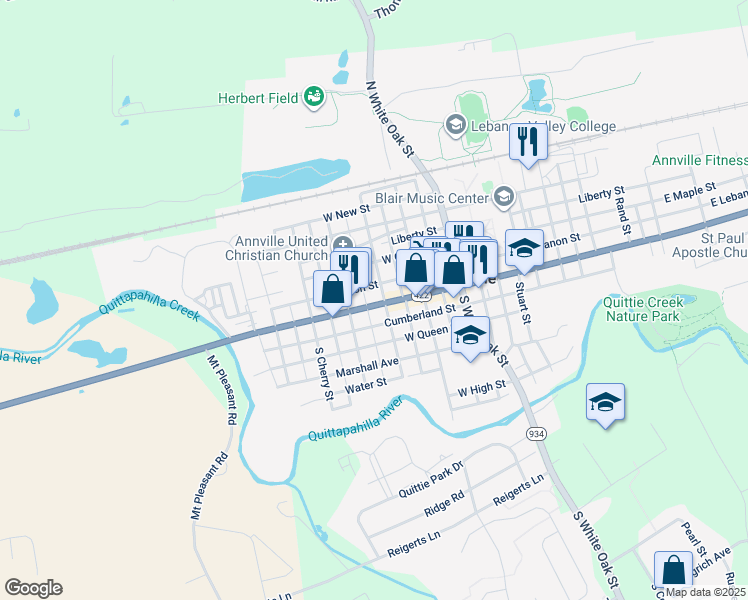 map of restaurants, bars, coffee shops, grocery stores, and more near 215 West Main Street in Annville