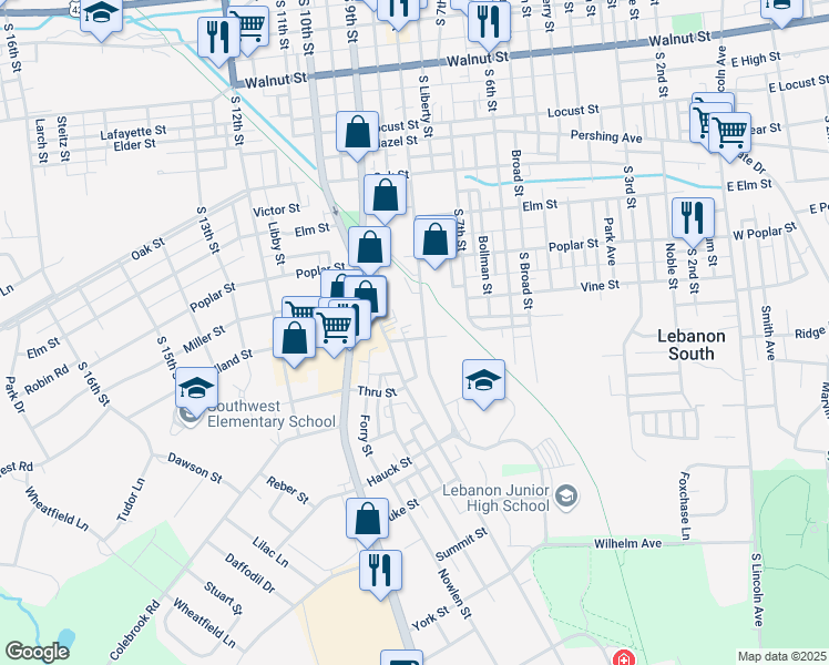 map of restaurants, bars, coffee shops, grocery stores, and more near 801 Orange Street in Lebanon