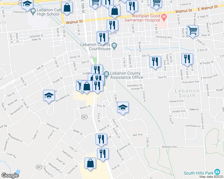 map of restaurants, bars, coffee shops, grocery stores, and more near 801 Orange Street in Lebanon