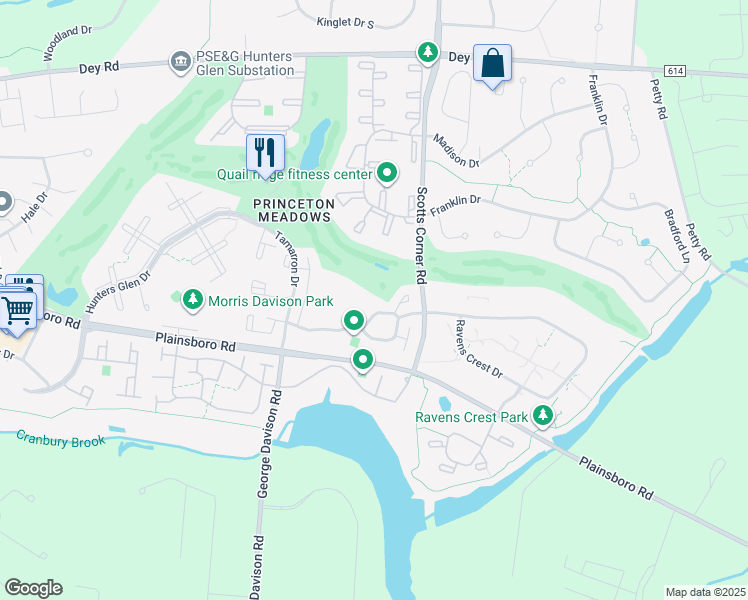 map of restaurants, bars, coffee shops, grocery stores, and more near 64 Hampshire Drive in Plainsboro Township