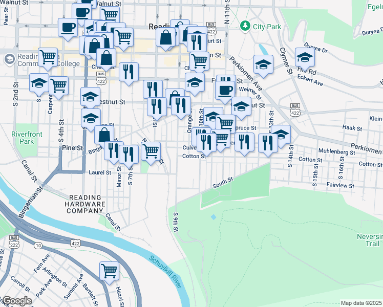 map of restaurants, bars, coffee shops, grocery stores, and more near 422 Orange Street in Reading