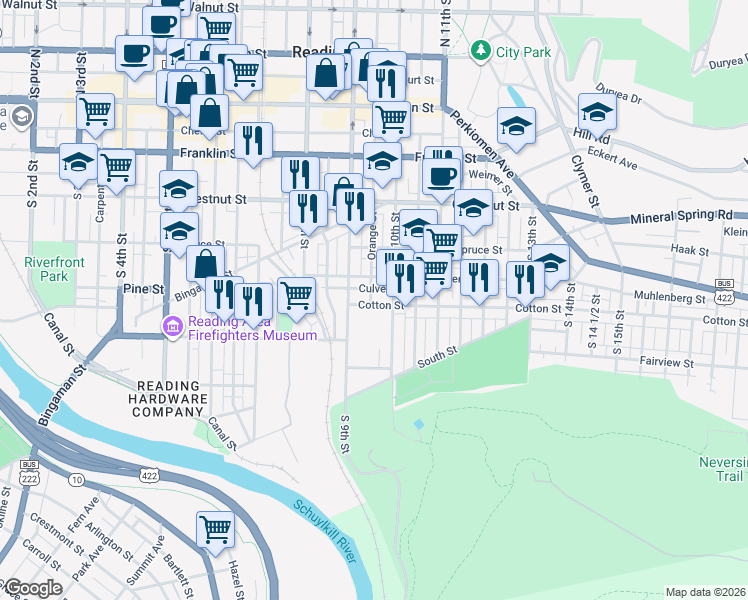 map of restaurants, bars, coffee shops, grocery stores, and more near 422 Orange Street in Reading
