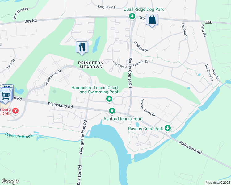 map of restaurants, bars, coffee shops, grocery stores, and more near 64 Hampshire Drive in Plainsboro Township