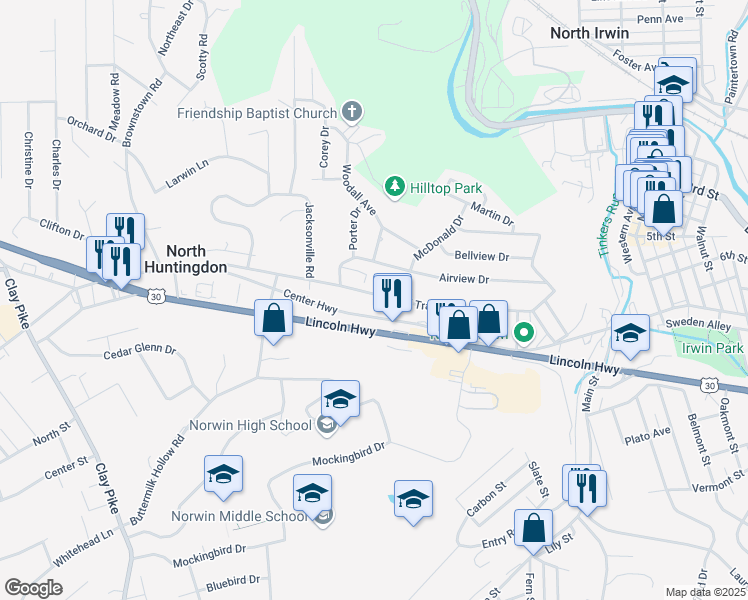 map of restaurants, bars, coffee shops, grocery stores, and more near 10920 Old Trail Road in Irwin