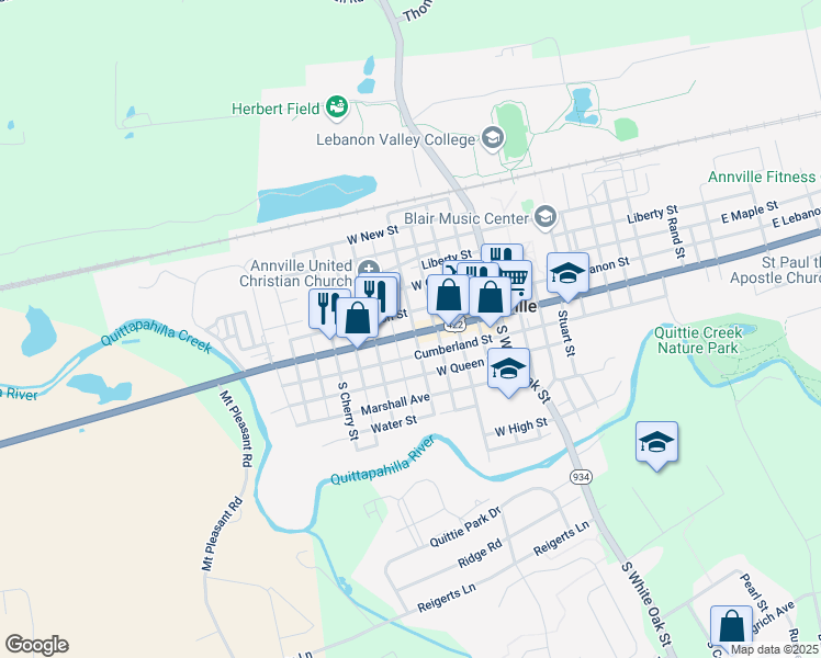 map of restaurants, bars, coffee shops, grocery stores, and more near 201 West Main Street in Annville