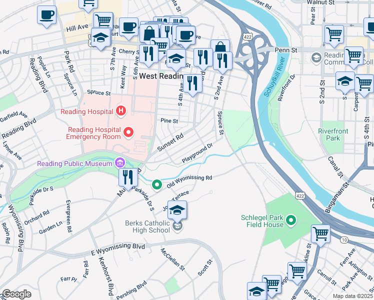map of restaurants, bars, coffee shops, grocery stores, and more near 323 Sycamore Road in West Reading