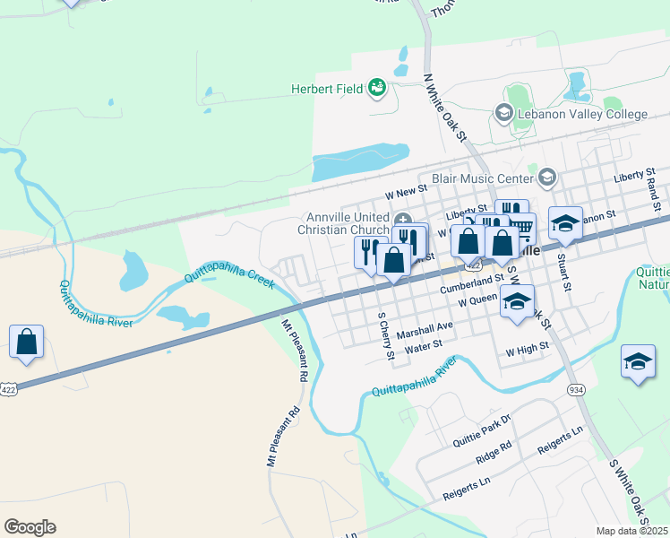 map of restaurants, bars, coffee shops, grocery stores, and more near 30 Limekiln Drive in Annville