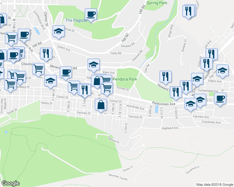 map of restaurants, bars, coffee shops, grocery stores, and more near 1809 Perkiomen Avenue in Reading