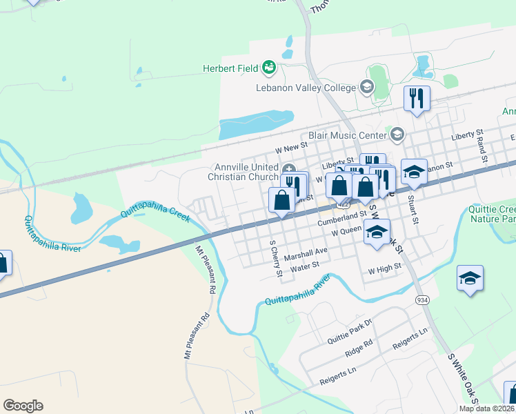 map of restaurants, bars, coffee shops, grocery stores, and more near 33 N Cherry St in Annville