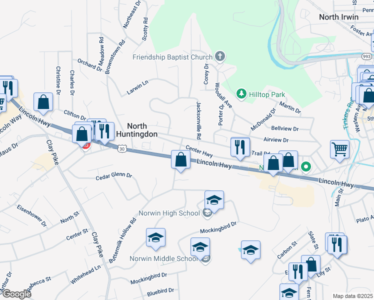 map of restaurants, bars, coffee shops, grocery stores, and more near 11052 Center Highway in Irwin