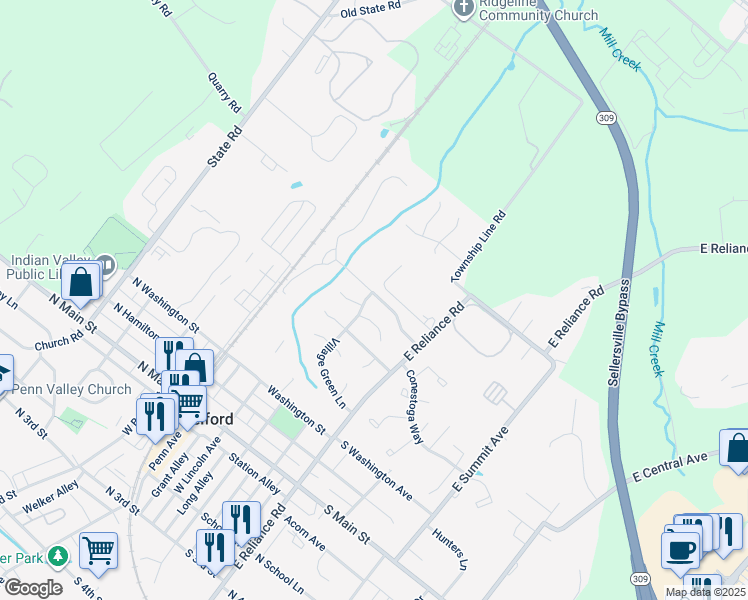map of restaurants, bars, coffee shops, grocery stores, and more near 411 Village Green Lane in Telford