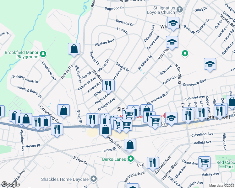 map of restaurants, bars, coffee shops, grocery stores, and more near 294 Weidman Avenue in Sinking Spring