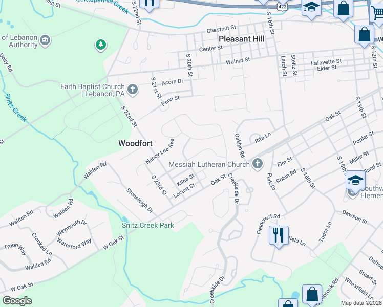 map of restaurants, bars, coffee shops, grocery stores, and more near 2043 Ranch Ave in Lebanon
