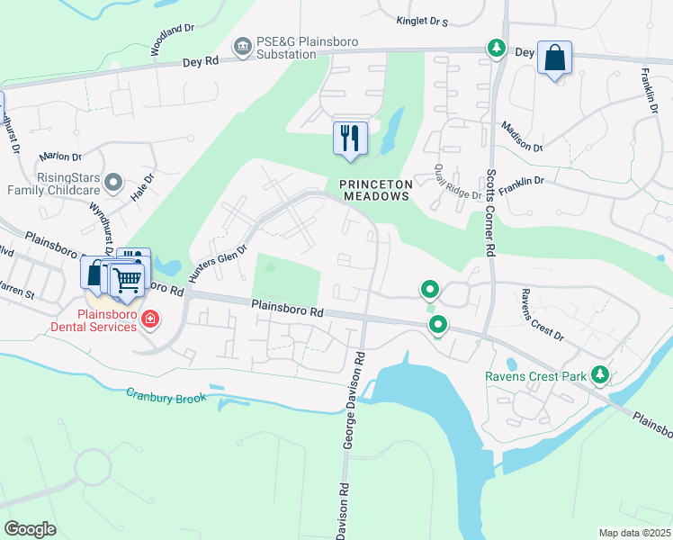 map of restaurants, bars, coffee shops, grocery stores, and more near 7908 Tamarron Drive in Plainsboro Township