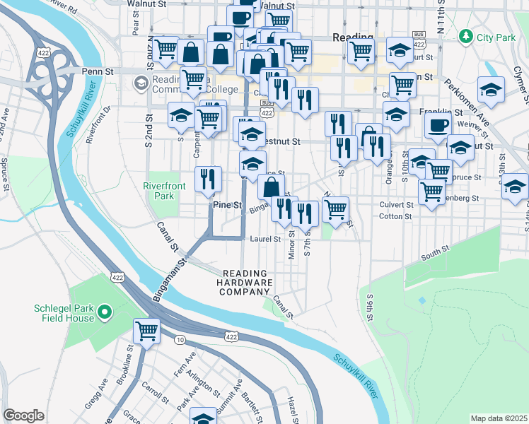 map of restaurants, bars, coffee shops, grocery stores, and more near 524 Bingaman Street in Reading