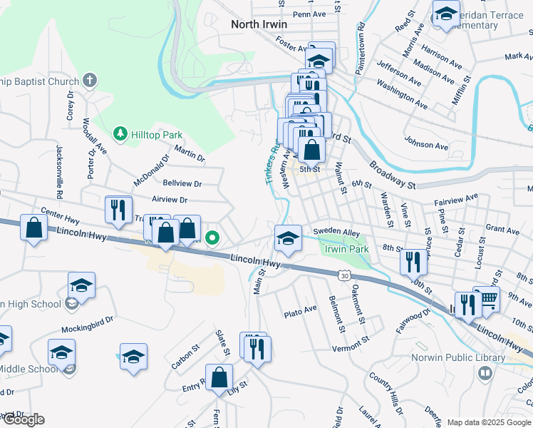 map of restaurants, bars, coffee shops, grocery stores, and more near 10253 Center Highway in Irwin