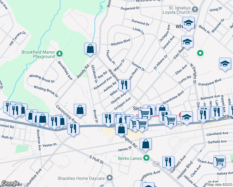 map of restaurants, bars, coffee shops, grocery stores, and more near 150 Miller Drive in Sinking Spring