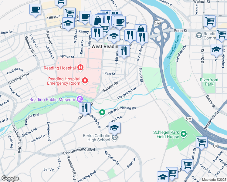 map of restaurants, bars, coffee shops, grocery stores, and more near 422 Sycamore Road in West Reading