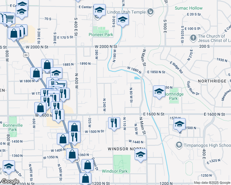 map of restaurants, bars, coffee shops, grocery stores, and more near 172 West 1720 North Street in Orem
