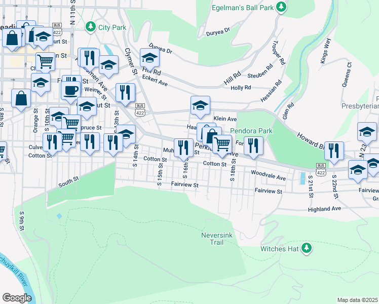 map of restaurants, bars, coffee shops, grocery stores, and more near 1613 Muhlenberg Street in Reading