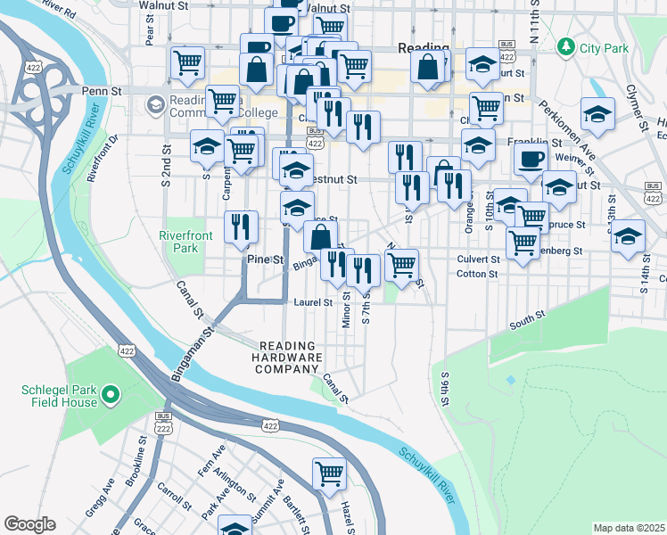 map of restaurants, bars, coffee shops, grocery stores, and more near 612 Pine Street in Reading