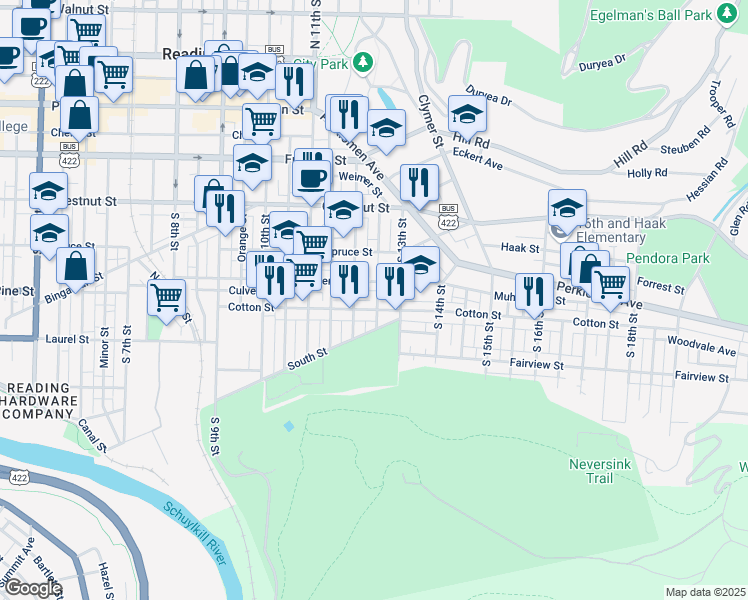 map of restaurants, bars, coffee shops, grocery stores, and more near 430 Chapel Terrace in Reading