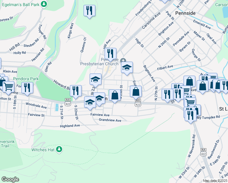 map of restaurants, bars, coffee shops, grocery stores, and more near 2450 Cumberland Avenue in Mount Penn