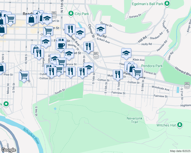 map of restaurants, bars, coffee shops, grocery stores, and more near 417 South 14th Street in Reading