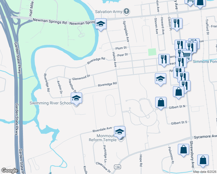 map of restaurants, bars, coffee shops, grocery stores, and more near 22 Riveredge Road in Tinton Falls