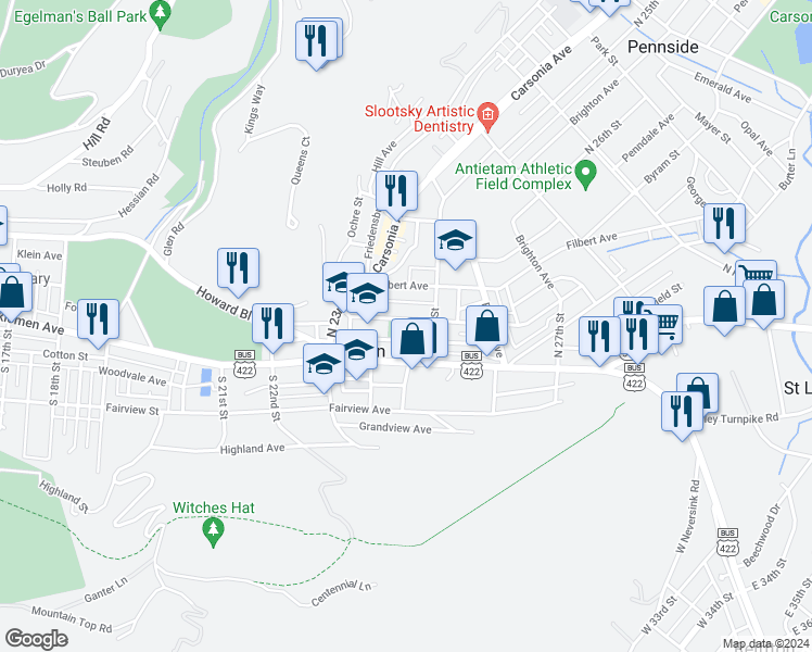 map of restaurants, bars, coffee shops, grocery stores, and more near 2432 Cumberland Avenue in Reading