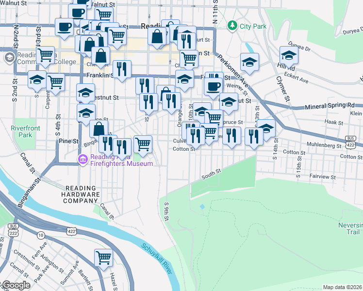 map of restaurants, bars, coffee shops, grocery stores, and more near 422 Orange Street in Reading