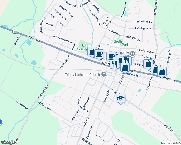 map of restaurants, bars, coffee shops, grocery stores, and more near 118 N Rosewood Ct in Wernersville