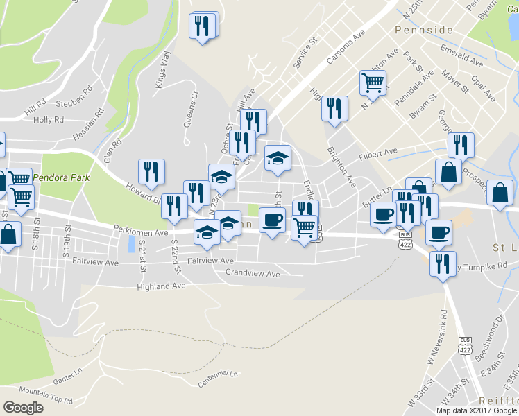 map of restaurants, bars, coffee shops, grocery stores, and more near 2432 Cumberland Avenue in Reading