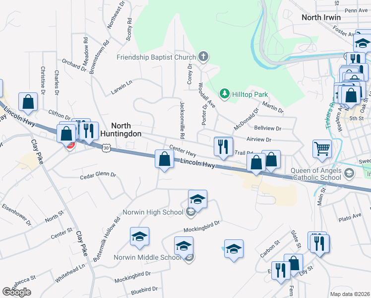 map of restaurants, bars, coffee shops, grocery stores, and more near 10969 Center Highway in Irwin
