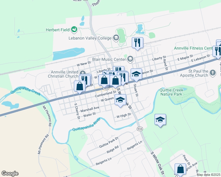 map of restaurants, bars, coffee shops, grocery stores, and more near 38 West Main Street in Annville