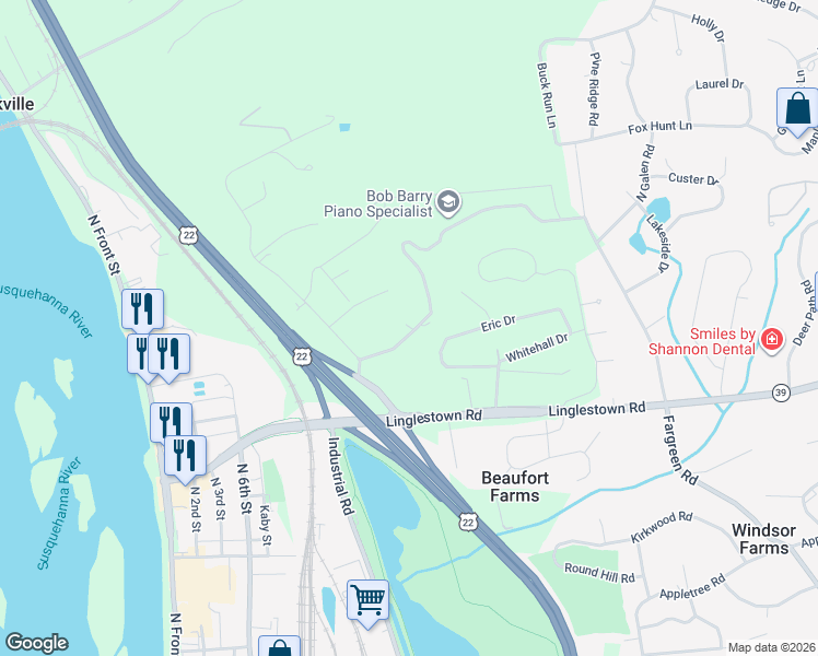 map of restaurants, bars, coffee shops, grocery stores, and more near 1016 Blue Ridge Road in Harrisburg