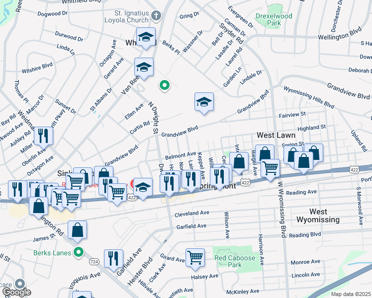 map of restaurants, bars, coffee shops, grocery stores, and more near 104 Laird Street in West Lawn