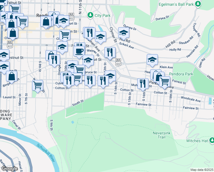 map of restaurants, bars, coffee shops, grocery stores, and more near 421 South 13th Street in Reading