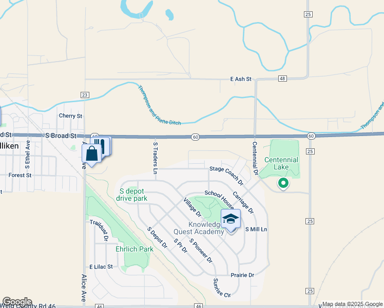 map of restaurants, bars, coffee shops, grocery stores, and more near 2300 Brookstone Drive in Milliken