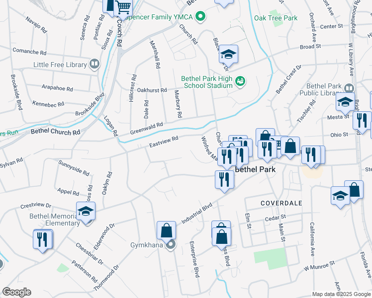 map of restaurants, bars, coffee shops, grocery stores, and more near 2979 Kings Mill Road in Bethel Park
