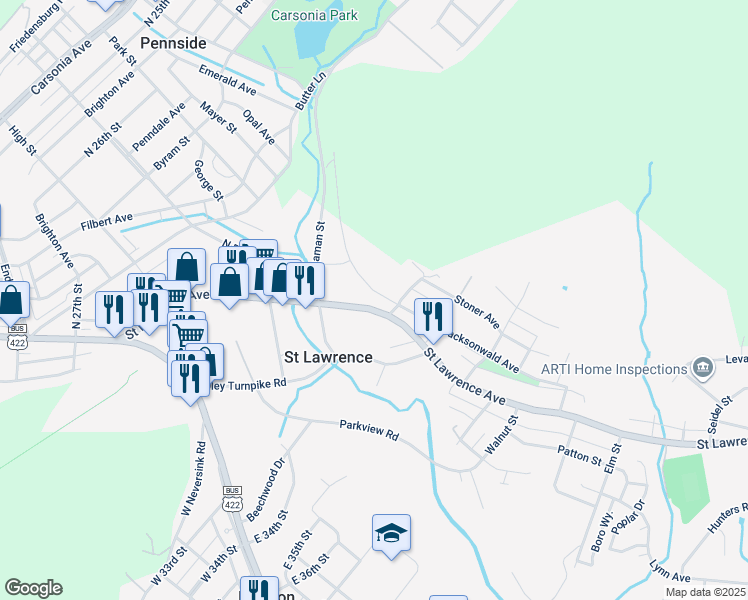 map of restaurants, bars, coffee shops, grocery stores, and more near 3241 Saint Lawrence Avenue in Reading