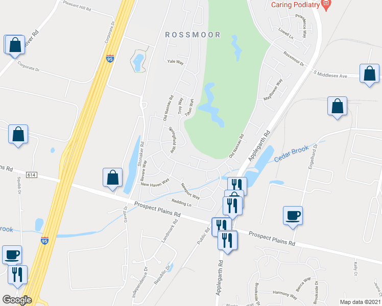 map of restaurants, bars, coffee shops, grocery stores, and more near 371A New Bedford Lane in Monroe Township