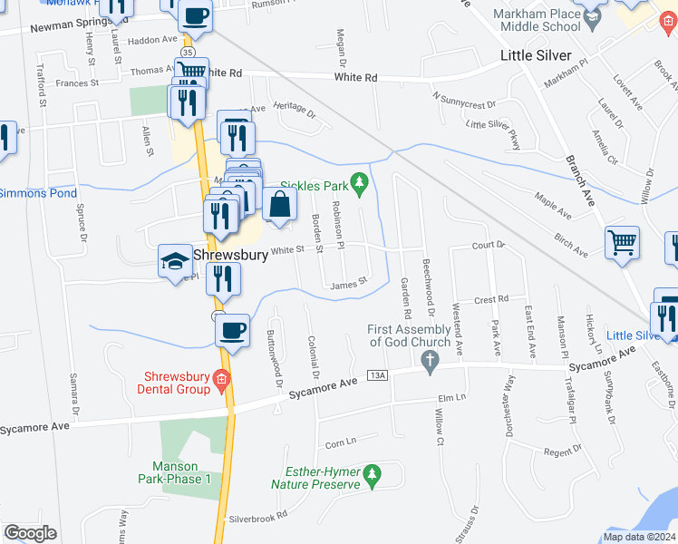 map of restaurants, bars, coffee shops, grocery stores, and more near 17 Robinson Place in Shrewsbury